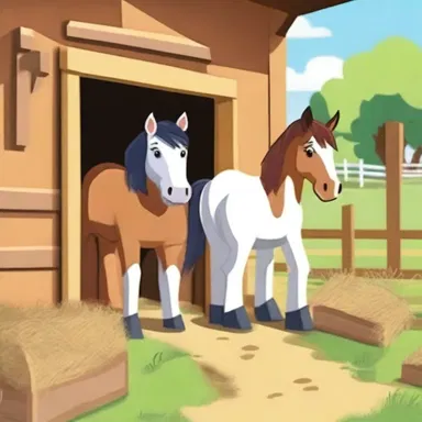 In the children's cartoon, the animated horses have a colorful and whimsical stabling complete with hay, water troughs, and cozy stalls.
