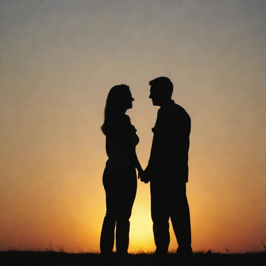 A loving couple standing together, their silhouettes illuminated by the setting sun.