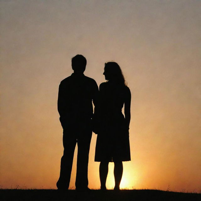 A loving couple standing together, their silhouettes illuminated by the setting sun.