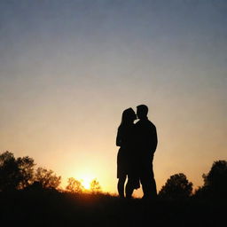 A loving couple standing together, their silhouettes illuminated by the setting sun.