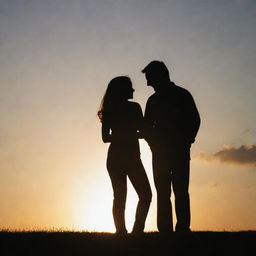 A loving couple standing together, their silhouettes illuminated by the setting sun.