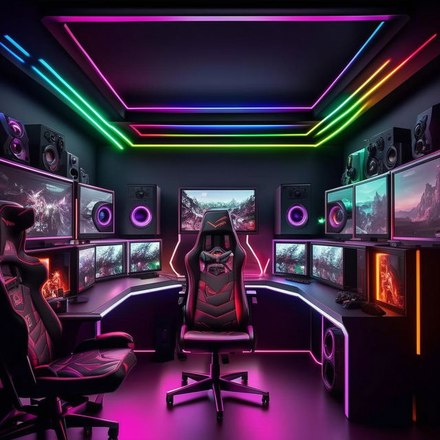 A futuristic gaming room filled with high-end equipment, vibrant RGB lighting, multiple large monitors, a comfortable gaming chair, soundproof walls and various personalized gaming accessories.