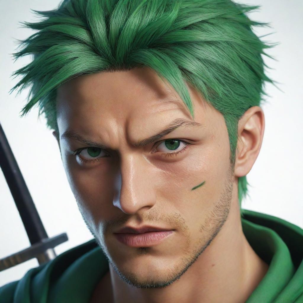 A dynamic digital portrait of the user in the style of Zoro from the anime One Piece, characterized by a sharp, green-haired swordsman look.