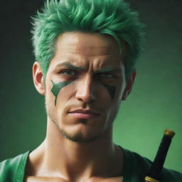 A dynamic digital portrait of the user in the style of Zoro from the anime One Piece, characterized by a sharp, green-haired swordsman look.