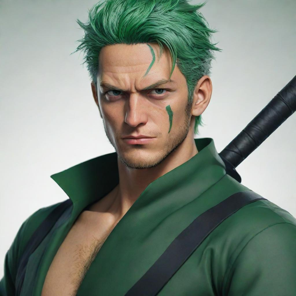 A dynamic digital portrait of the user in the style of Zoro from the anime One Piece, characterized by a sharp, green-haired swordsman look.