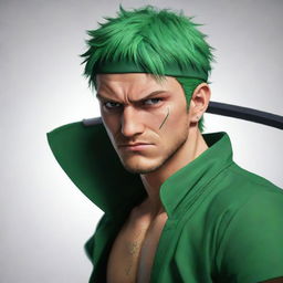 A dynamic digital portrait of the user in the style of Zoro from the anime One Piece, characterized by a sharp, green-haired swordsman look.