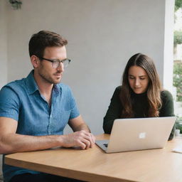 A stylish man and woman immersed in their work on a MacBook in a casual, comfortable setting.