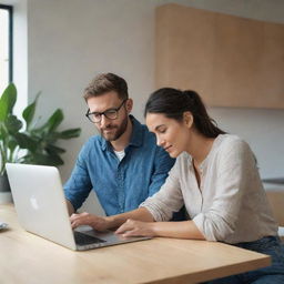 A stylish man and woman immersed in their work on a MacBook in a casual, comfortable setting.