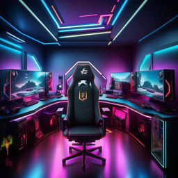 A futuristic gaming room filled with high-end equipment, vibrant RGB lighting, multiple large monitors, a comfortable gaming chair, soundproof walls and various personalized gaming accessories.