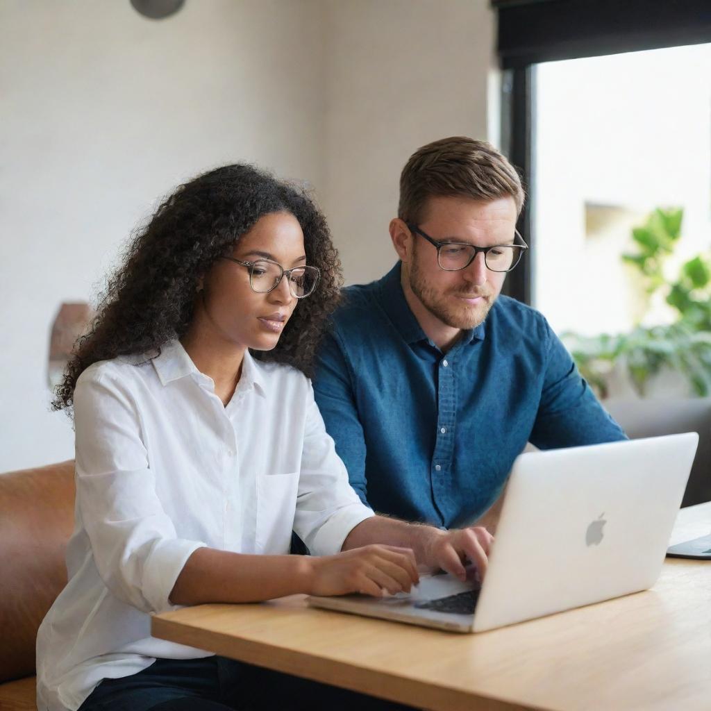 A stylish man and woman immersed in their work on a MacBook in a casual, comfortable setting.