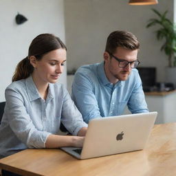 A stylish man and woman immersed in their work on a MacBook in a casual, comfortable setting.