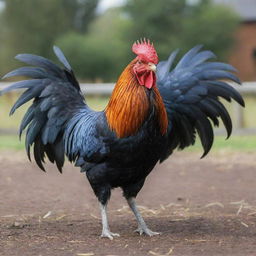 A vibrant, highly-detailed image of a Roster fighting cock, captured mid-crow with its plumage richly colored, standing proudly in a farmyard setting.