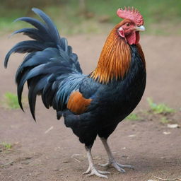 A vibrant, highly-detailed image of a Roster fighting cock, captured mid-crow with its plumage richly colored, standing proudly in a farmyard setting.