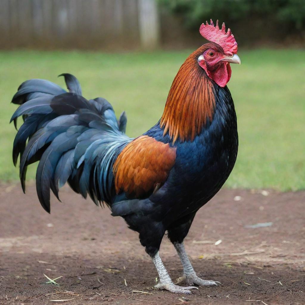 A vibrant, highly-detailed image of a Roster fighting cock, captured mid-crow with its plumage richly colored, standing proudly in a farmyard setting.