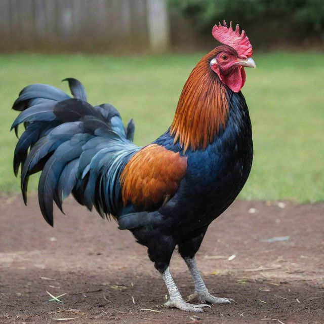 A vibrant, highly-detailed image of a Roster fighting cock, captured mid-crow with its plumage richly colored, standing proudly in a farmyard setting.