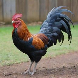 A vibrant, highly-detailed image of a Roster fighting cock, captured mid-crow with its plumage richly colored, standing proudly in a farmyard setting.