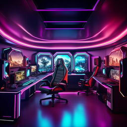 A futuristic gaming room filled with high-end equipment, vibrant RGB lighting, multiple large monitors, a comfortable gaming chair, soundproof walls and various personalized gaming accessories.