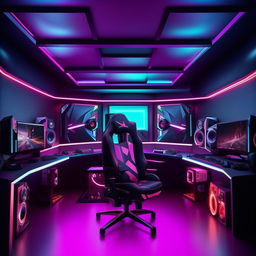 A futuristic gaming room filled with high-end equipment, vibrant RGB lighting, multiple large monitors, a comfortable gaming chair, soundproof walls and various personalized gaming accessories.