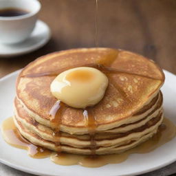 A picture perfect, golden brown pancake cooked to perfection, adorned with a drop of melting butter on top and finished with a drizzle of maple syrup.