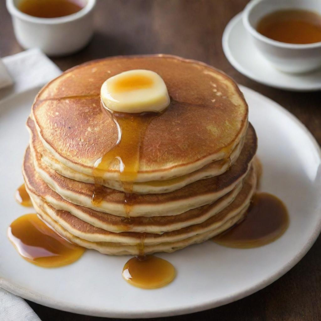 A picture perfect, golden brown pancake cooked to perfection, adorned with a drop of melting butter on top and finished with a drizzle of maple syrup.