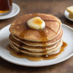 A picture perfect, golden brown pancake cooked to perfection, adorned with a drop of melting butter on top and finished with a drizzle of maple syrup.