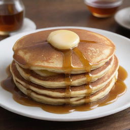 A picture perfect, golden brown pancake cooked to perfection, adorned with a drop of melting butter on top and finished with a drizzle of maple syrup.