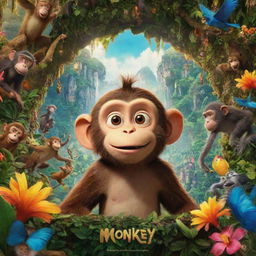 A vibrant Disney-style movie poster titled 'Monkey: The Movie'. The main character is a lovable, adventurous monkey set in a colorful, whimsical jungle scenery. Disney's magical, whimsical style and aesthetic are prominent.