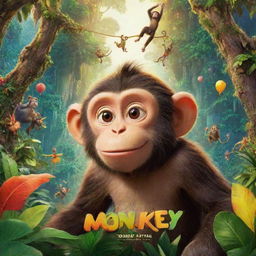 A vibrant Disney-style movie poster titled 'Monkey: The Movie'. The main character is a lovable, adventurous monkey set in a colorful, whimsical jungle scenery. Disney's magical, whimsical style and aesthetic are prominent.