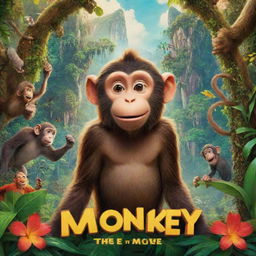 A vibrant Disney-style movie poster titled 'Monkey: The Movie'. The main character is a lovable, adventurous monkey set in a colorful, whimsical jungle scenery. Disney's magical, whimsical style and aesthetic are prominent.