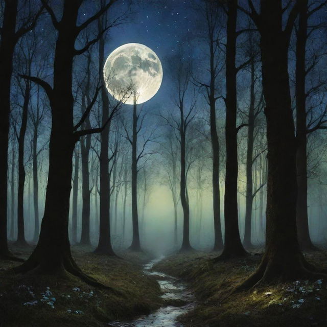 An enchanting moonlit forest, with the full moon shining brightly, casting long, silhouetted shadows of tall, majestic trees, while glow-worms and fireflies add their twinkle, creating a surreal and magical landscape.