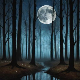 An enchanting moonlit forest, with the full moon shining brightly, casting long, silhouetted shadows of tall, majestic trees, while glow-worms and fireflies add their twinkle, creating a surreal and magical landscape.