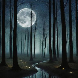 An enchanting moonlit forest, with the full moon shining brightly, casting long, silhouetted shadows of tall, majestic trees, while glow-worms and fireflies add their twinkle, creating a surreal and magical landscape.