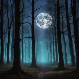 An enchanting moonlit forest, with the full moon shining brightly, casting long, silhouetted shadows of tall, majestic trees, while glow-worms and fireflies add their twinkle, creating a surreal and magical landscape.