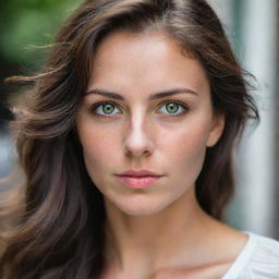 Portrait of a beautiful Argentinian woman with brunette hair and vivid green eyes