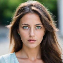 Portrait of a beautiful Argentinian woman with brunette hair and vivid green eyes