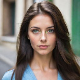 Portrait of a beautiful Argentinian woman with brunette hair and vivid green eyes