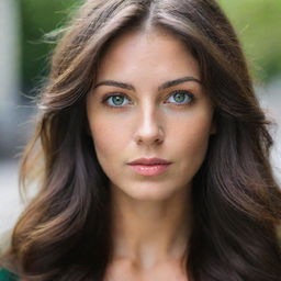 Portrait of a beautiful Argentinian woman with brunette hair and vivid green eyes