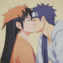 A young Naruto blushing as Hinata kisses his cheek, captured in a moment of tender shyness.