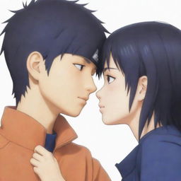 A young Naruto blushing as Hinata kisses his cheek, captured in a moment of tender shyness.