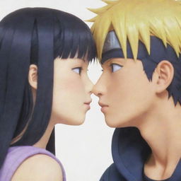 A young Naruto blushing as Hinata kisses his cheek, captured in a moment of tender shyness.