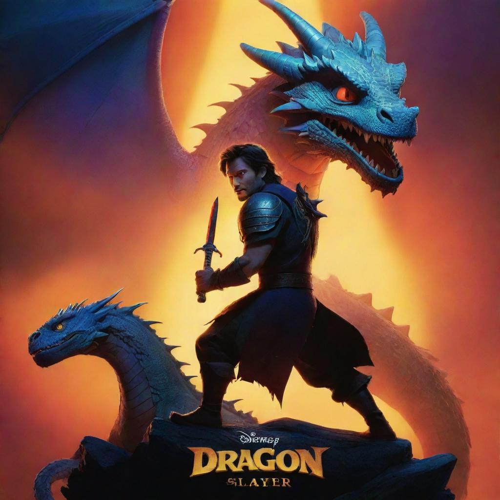 A stylized Disney-Pixar movie poster titled 'The Dragon Slayer'. The focus is a brave character wielding a glowing sword, standing against a silhouette of a large imposing dragon. Disney-Pixar's vibrant colors, playful designs, and unique renderings are prominent.