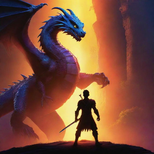 A stylized Disney-Pixar movie poster titled 'The Dragon Slayer'. The focus is a brave character wielding a glowing sword, standing against a silhouette of a large imposing dragon. Disney-Pixar's vibrant colors, playful designs, and unique renderings are prominent.