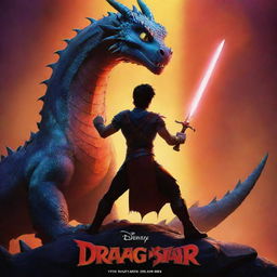 A stylized Disney-Pixar movie poster titled 'The Dragon Slayer'. The focus is a brave character wielding a glowing sword, standing against a silhouette of a large imposing dragon. Disney-Pixar's vibrant colors, playful designs, and unique renderings are prominent.