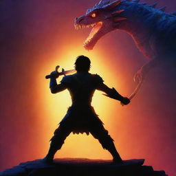 A stylized Disney-Pixar movie poster titled 'The Dragon Slayer'. The focus is a brave character wielding a glowing sword, standing against a silhouette of a large imposing dragon. Disney-Pixar's vibrant colors, playful designs, and unique renderings are prominent.