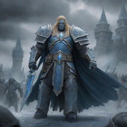 Arthas Menethil, armored in ice-blue, leading an undead army invading the majestic medieval city of Lordaeron under a gloomy sky.