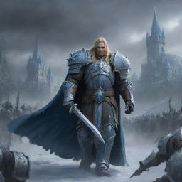 Arthas Menethil, armored in ice-blue, leading an undead army invading the majestic medieval city of Lordaeron under a gloomy sky.