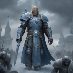 Arthas Menethil, armored in ice-blue, leading an undead army invading the majestic medieval city of Lordaeron under a gloomy sky.