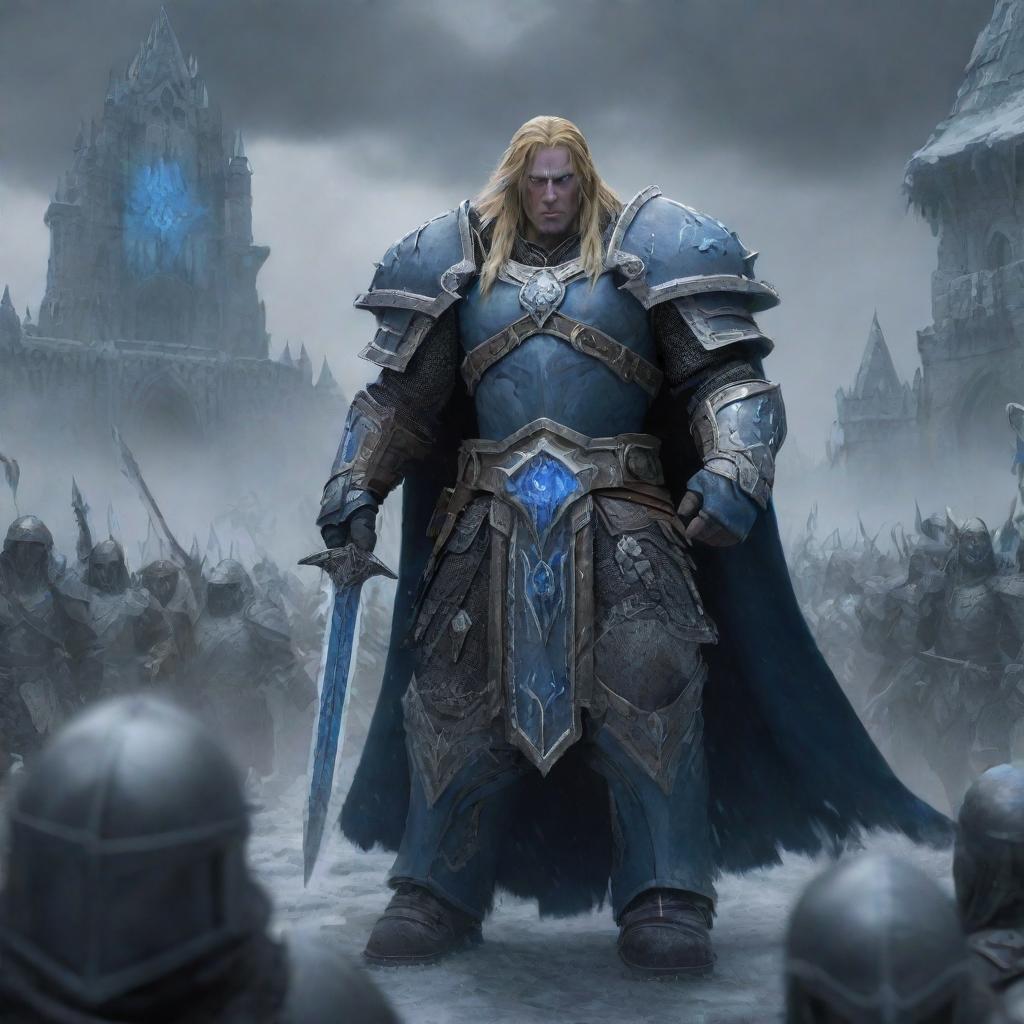 Arthas Menethil, armored in ice-blue, leading an undead army invading the majestic medieval city of Lordaeron under a gloomy sky.