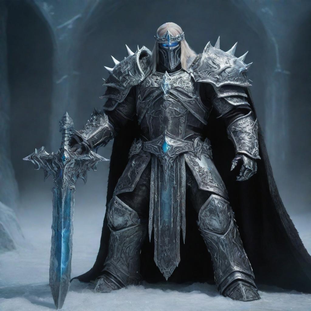 Arthas Menethil, the Lich King, standing in his full Frostmourne armor with his runeblade and a chilling aura surrounding him set against an icy throne