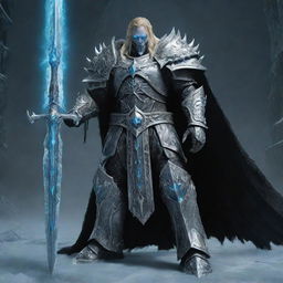 Arthas Menethil, the Lich King, standing in his full Frostmourne armor with his runeblade and a chilling aura surrounding him set against an icy throne